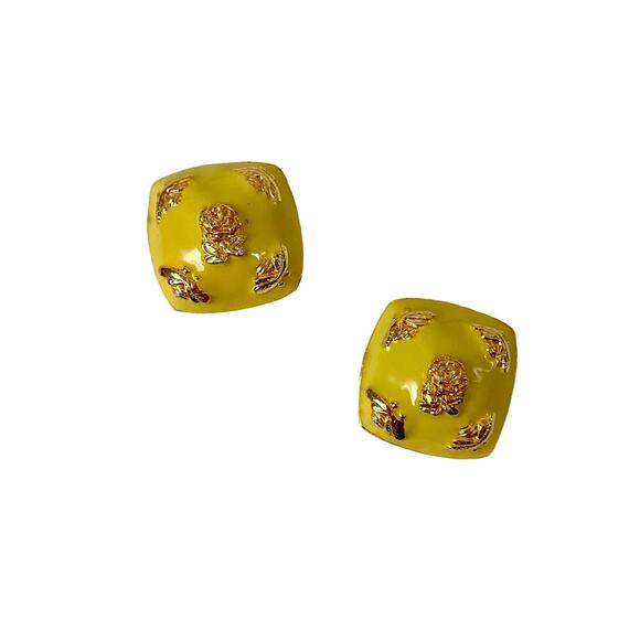 Kenneth Jay Lane Vintage Bee And Rose Yellow Enamel Clip Earrings - Picture 1 of 6